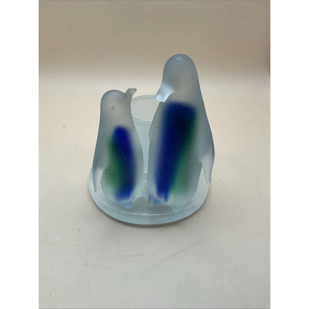 Vtg Partylite Penguins Candle Holder P7196 Frosted Satin Glass Votive Blue Green - Picture 2 of 6